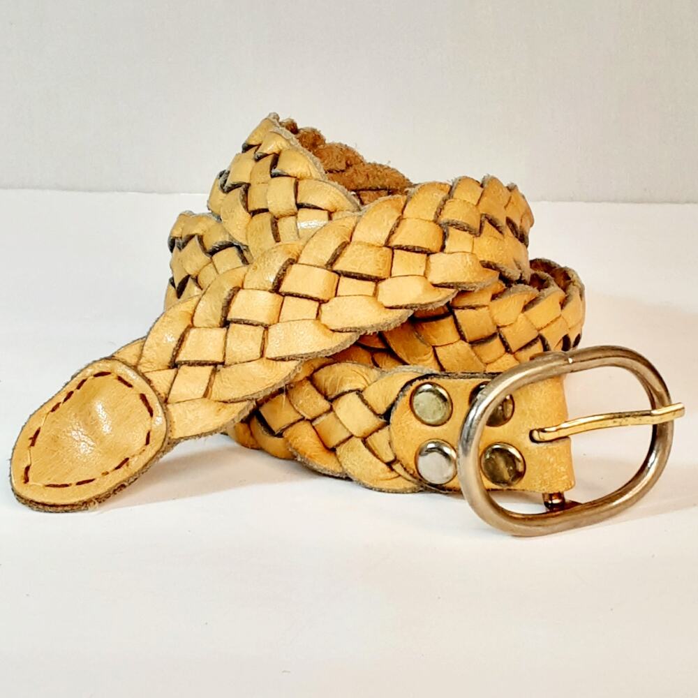 Chunky Wide Braided Genuine Leather Belt Natural Tan Caramel Color